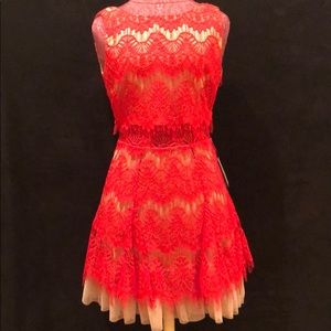 B Darlin Nude/Red Lace Overlay Cocktail Dress